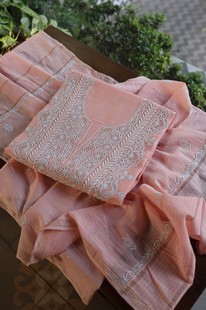 Pink Mal Cotton Fine Chikankari With Kamdani Work Unstitched Fabric