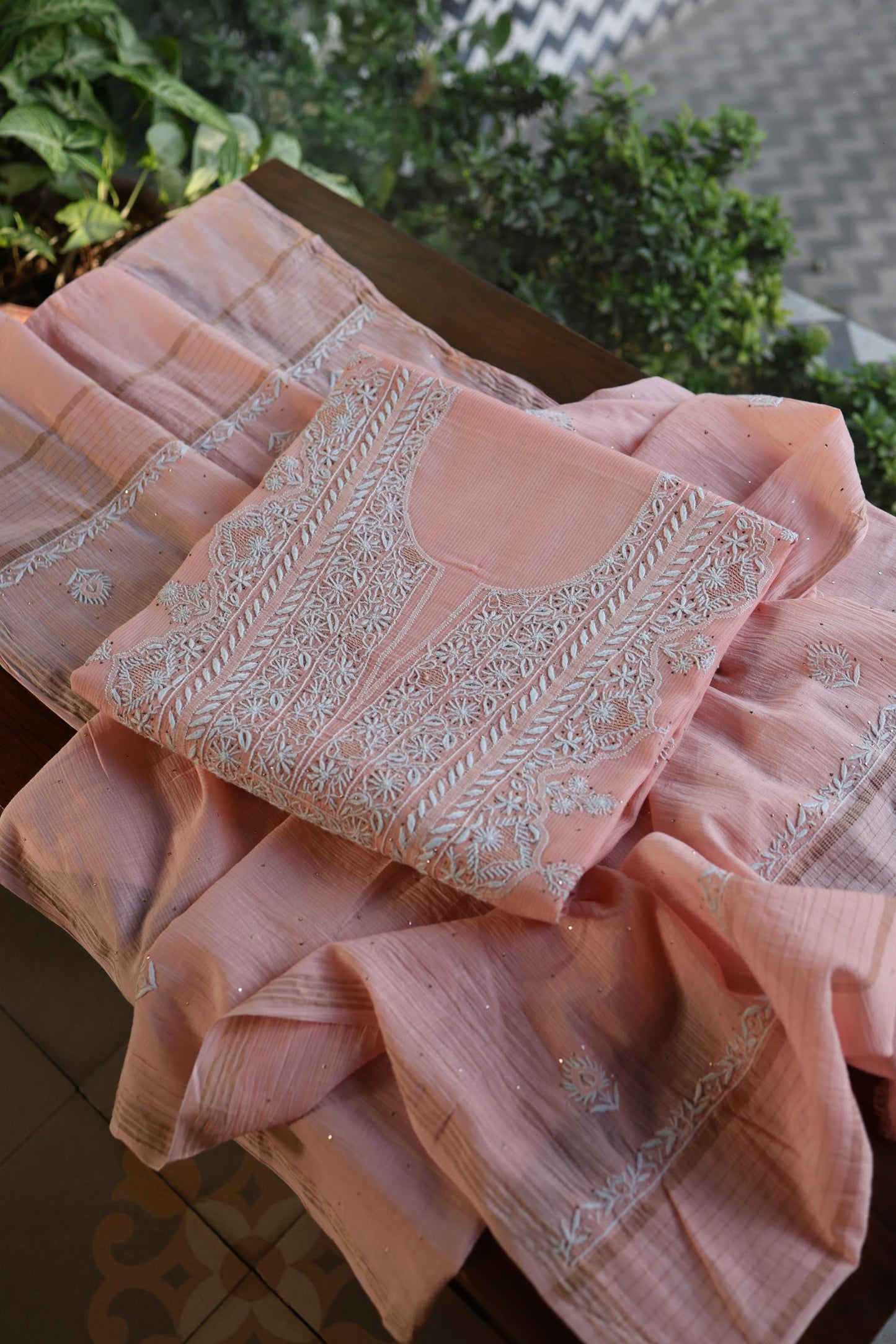 Pink Mal Cotton Fine Chikankari With Kamdani Work Unstitched Fabric