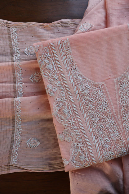 Pink Mal Cotton Fine Chikankari With Kamdani Work Unstitched Fabric