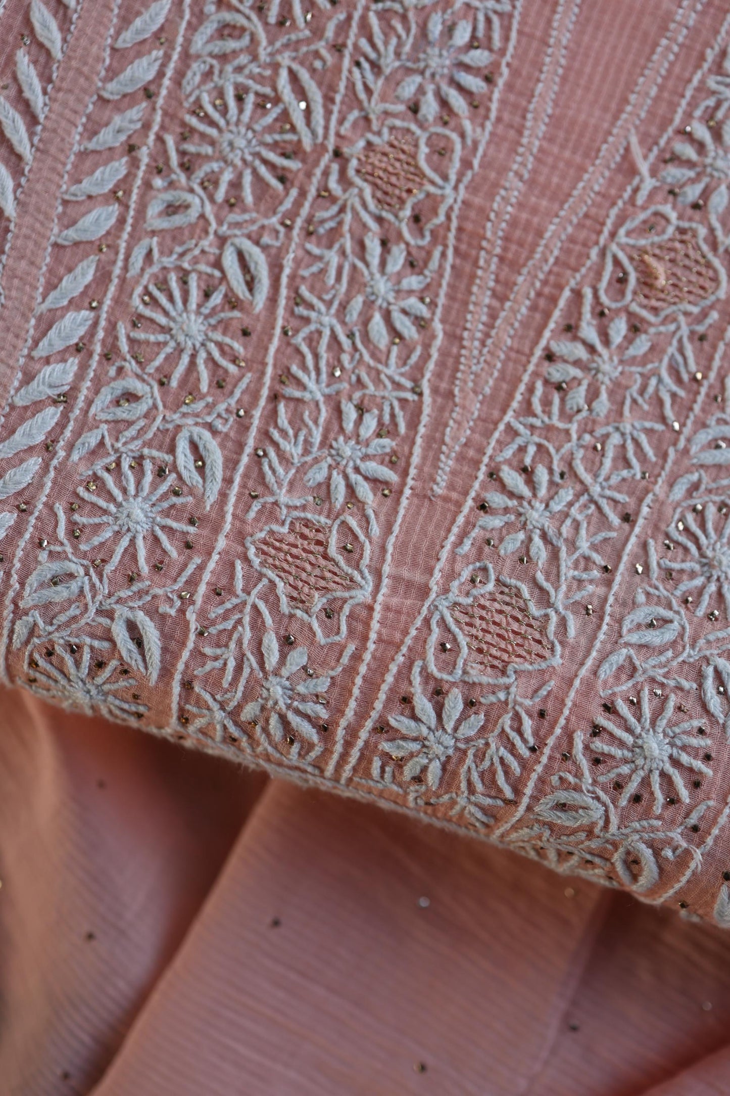 Pink Mal Cotton Fine Chikankari With Kamdani Work Unstitched Fabric