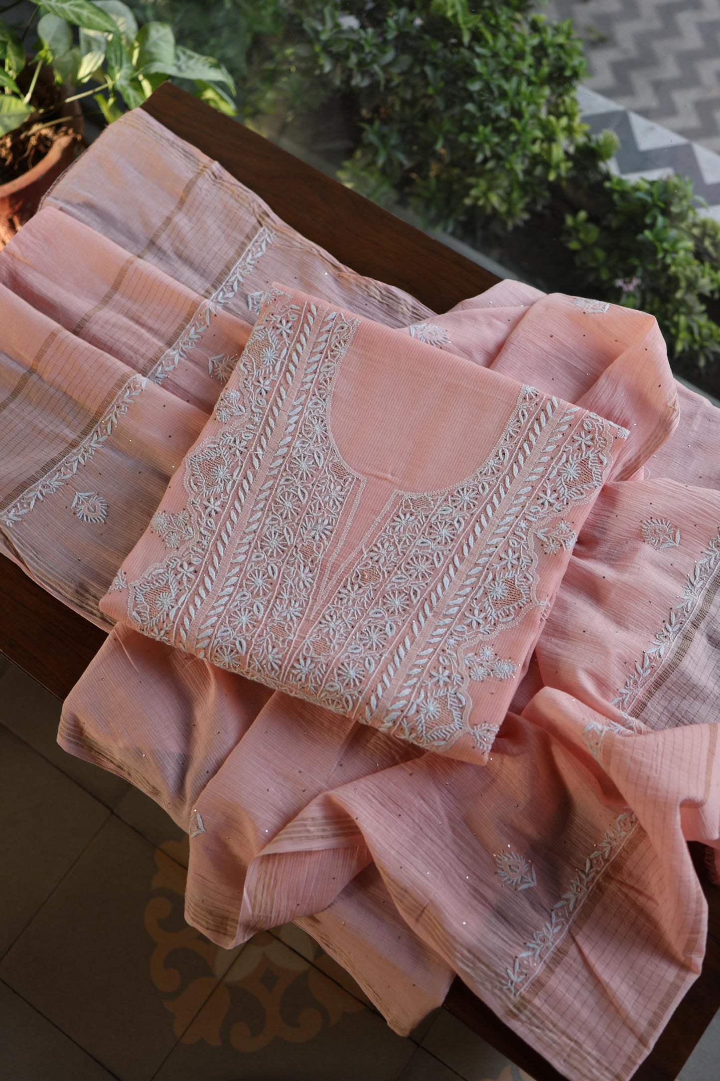 Pink Mal Cotton Fine Chikankari With Kamdani Work Unstitched Fabric