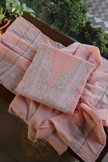 Pink Mal Cotton Fine Chikankari With Kamdani Work Unstitched Fabric