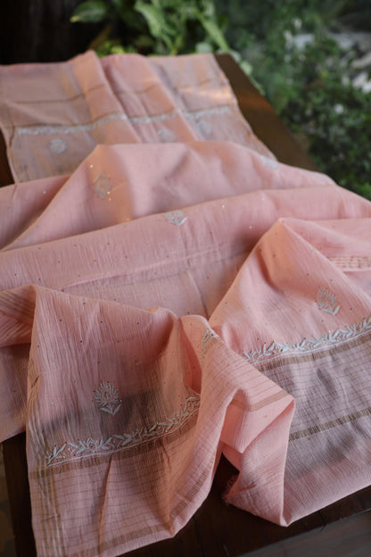Pink Mal Cotton Fine Chikankari With Kamdani Work Unstitched Fabric