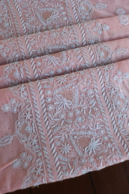 Pink Mal Cotton Fine Chikankari With Kamdani Work Unstitched Fabric