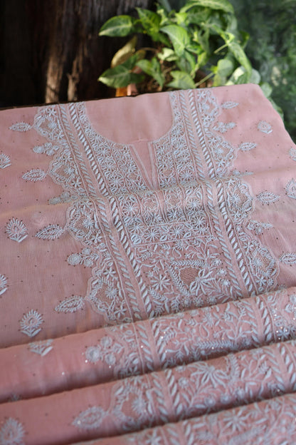 Pink Mal Cotton Fine Chikankari With Kamdani Work Unstitched Fabric