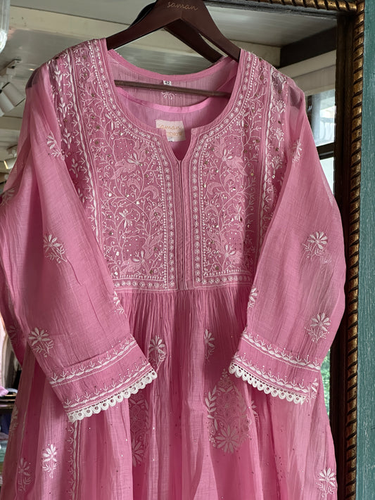 Pink Mal Mukaish Kamdani Tux Chikankari Kurta Dupatta Set