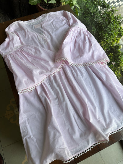 Pink Malmal Chikankari Bell Sleeve Short Kurti