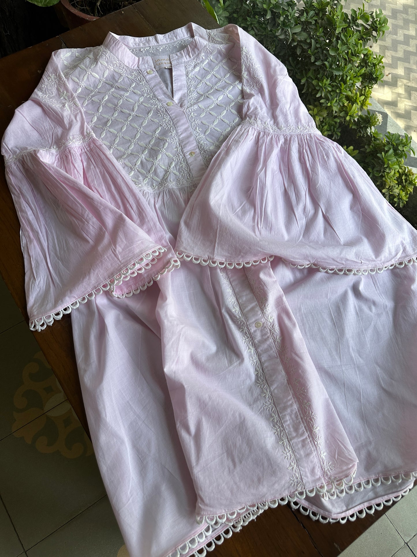 Pink Malmal Chikankari Bell Sleeve Short Kurti