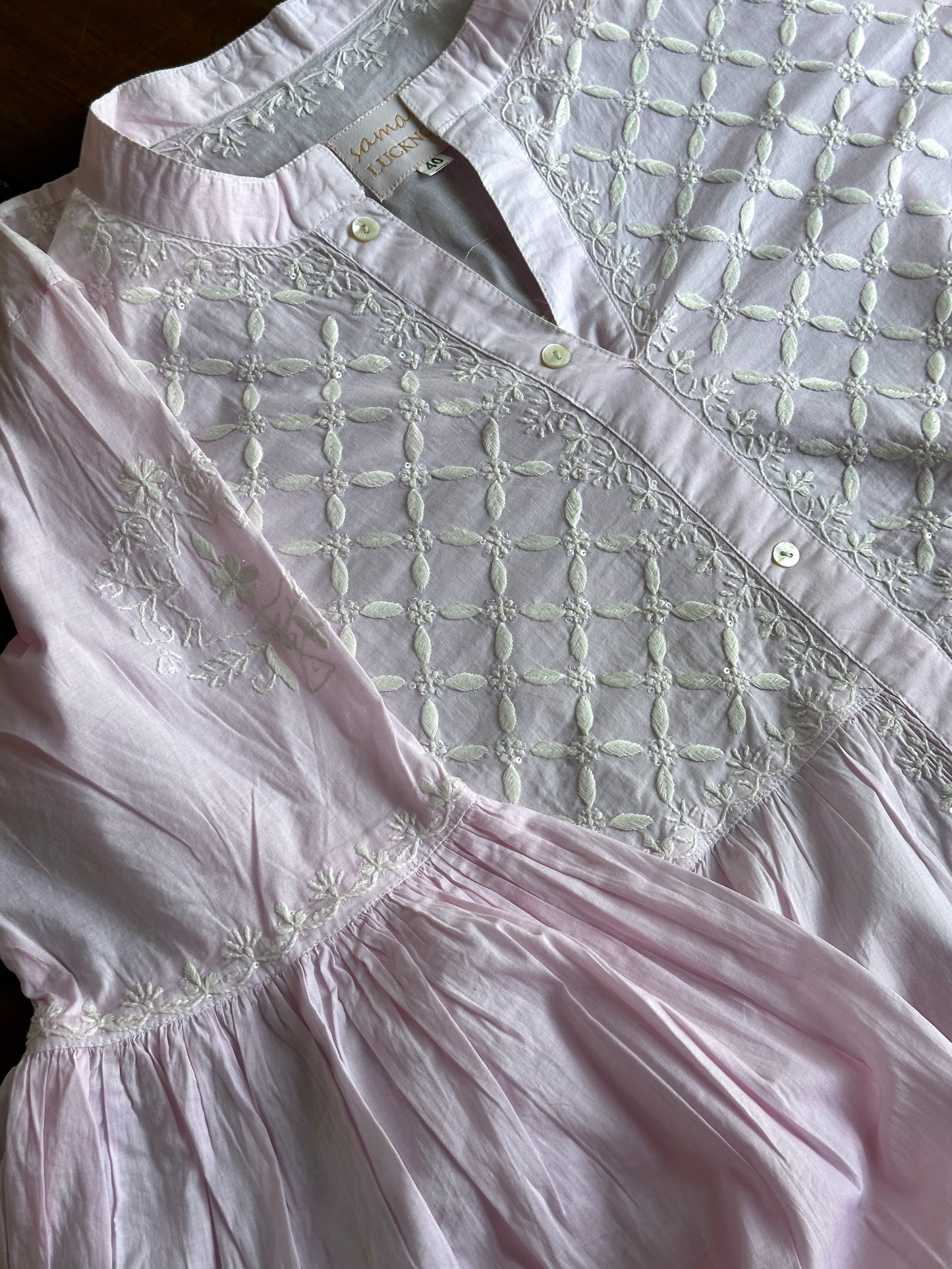 Pink Malmal Chikankari Bell Sleeve Short Kurti