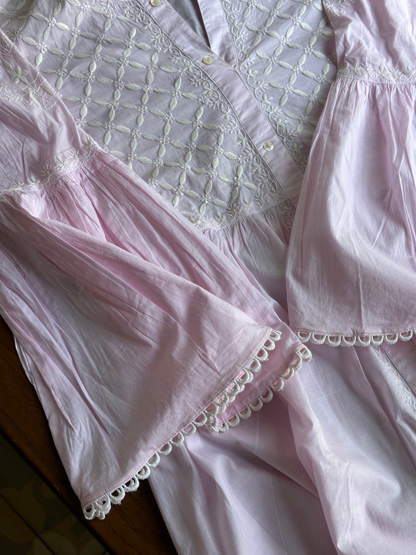 Pink Malmal Chikankari Bell Sleeve Short Kurti