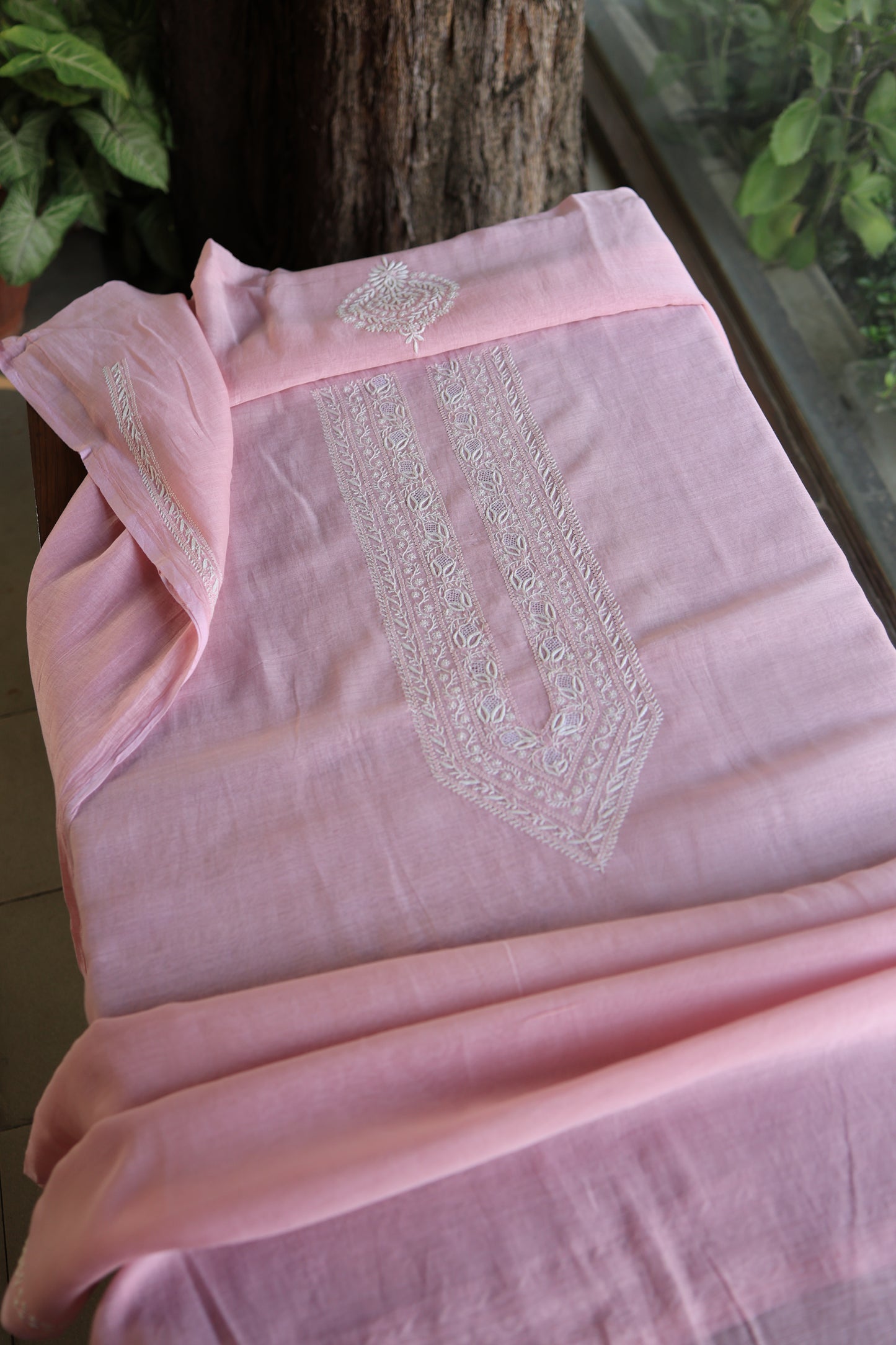 Pink Mulmul Chikankari Unstitched Men's Kurtas Fabric