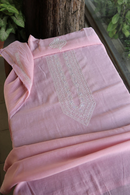 Pink Mulmul Chikankari Unstitched Men's Kurtas Fabric