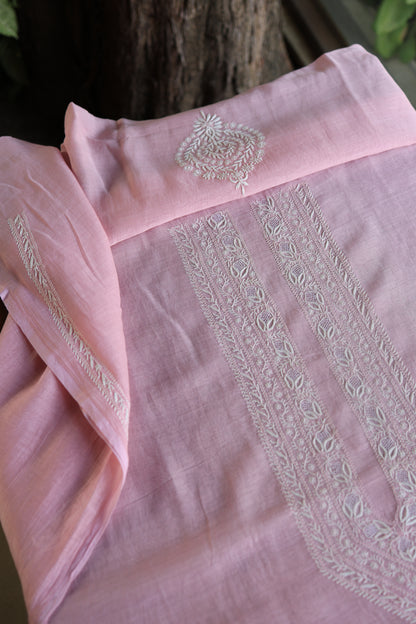 Pink Mulmul Chikankari Unstitched Men's Kurtas Fabric