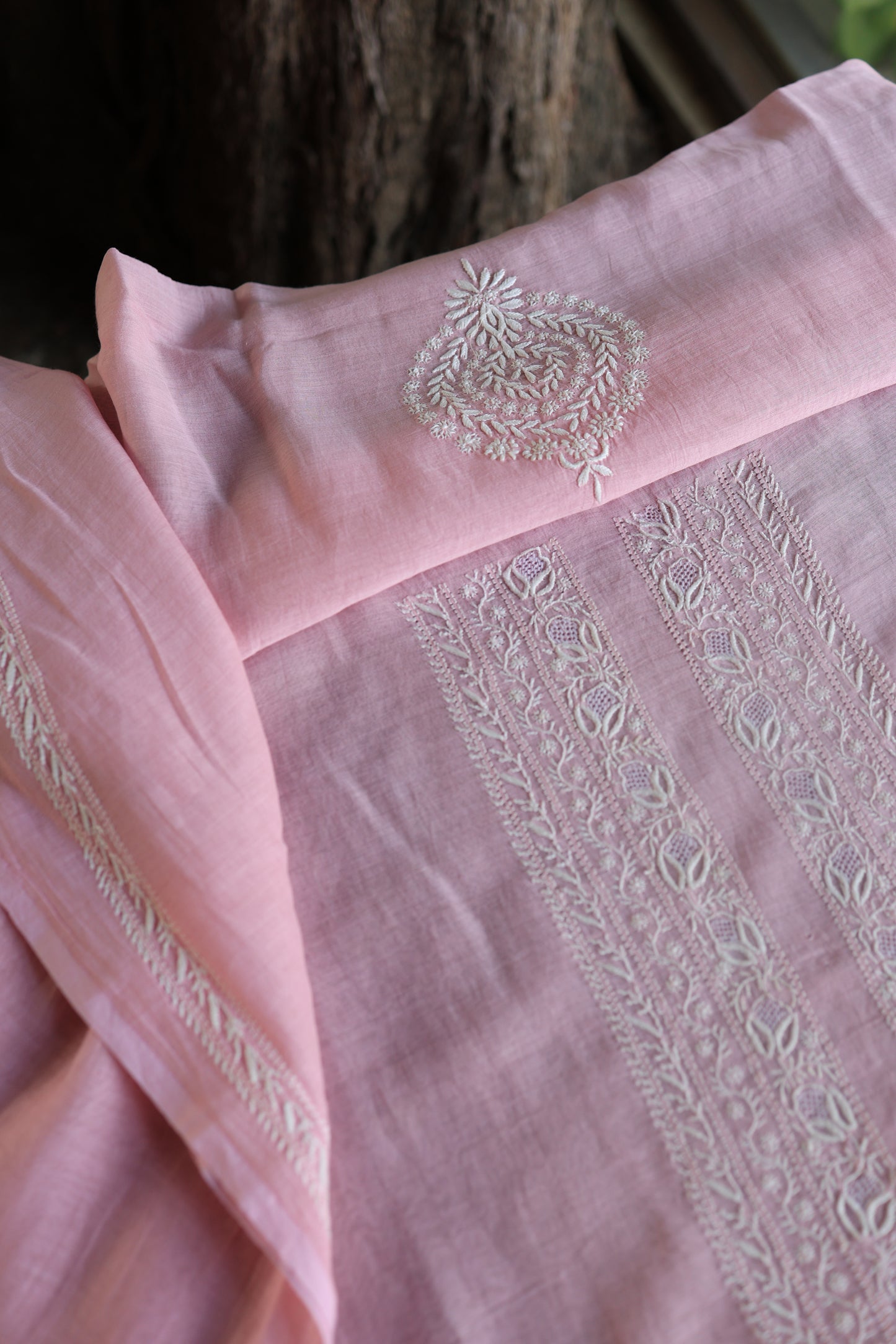 Pink Mulmul Chikankari Unstitched Men's Kurtas Fabric