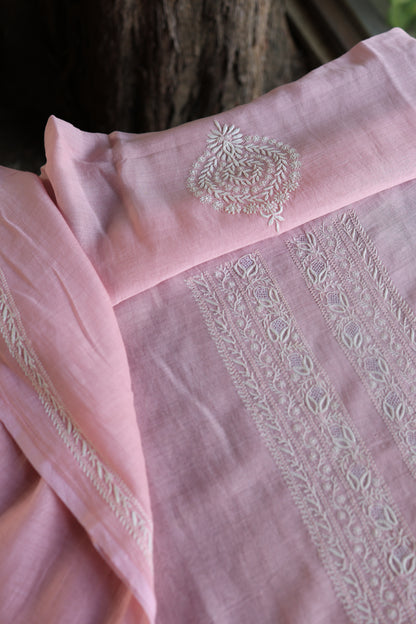 Pink Mulmul Chikankari Unstitched Men's Kurtas Fabric