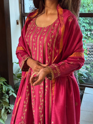 Pink Moonga Silk Chikankari Anarkali With Dupatta