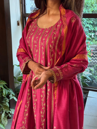 Pink Moonga Silk Chikankari Anarkali With Dupatta