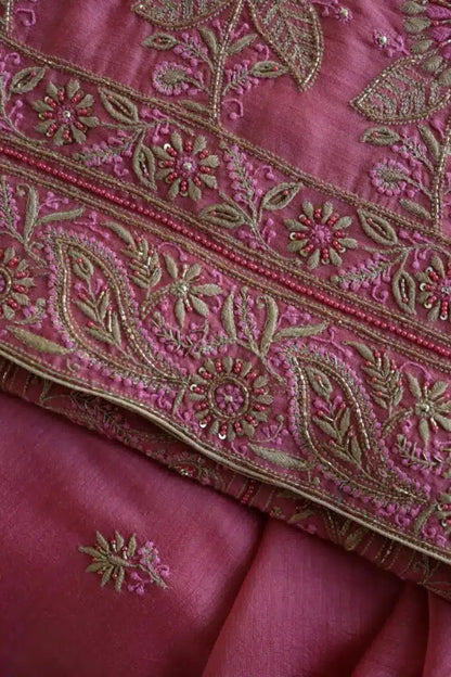 Pink Moonga Silk Chikankari Unstitched Fabric