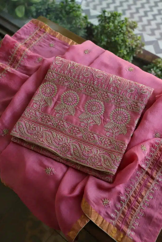 Pink Moonga Silk Chikankari Unstitched Fabric