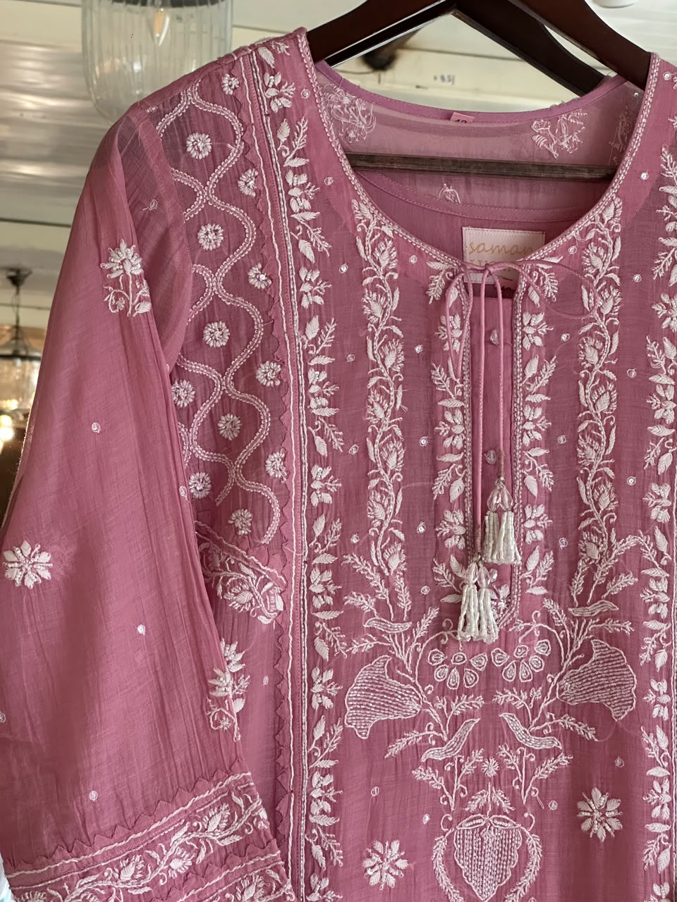 Pink Mul Chanderi Chikankari Straight Kurta Set with Ari Pearl & Sequin Work