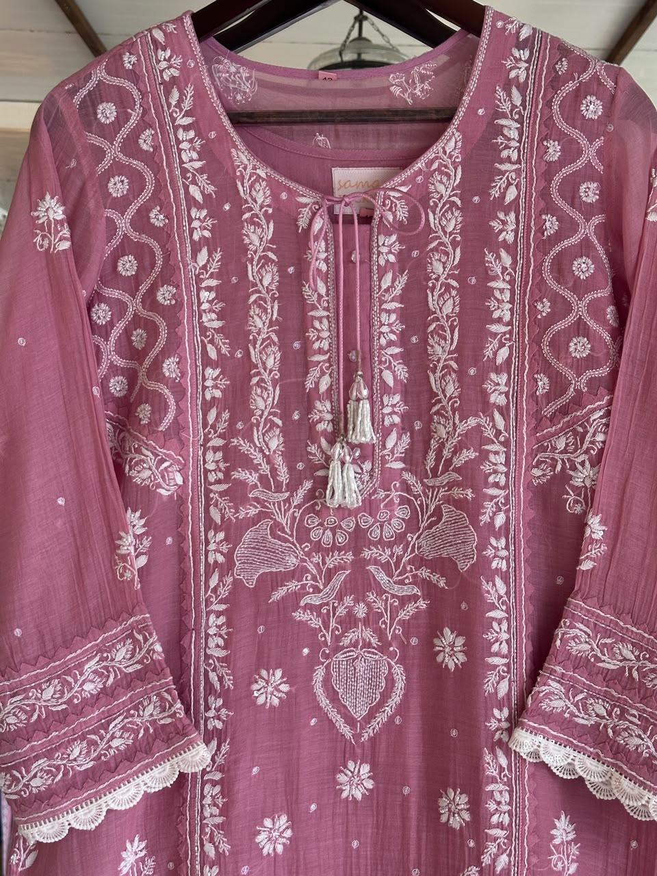 Pink Mul Chanderi Chikankari Straight Kurta Set with Ari Pearl & Sequin Work