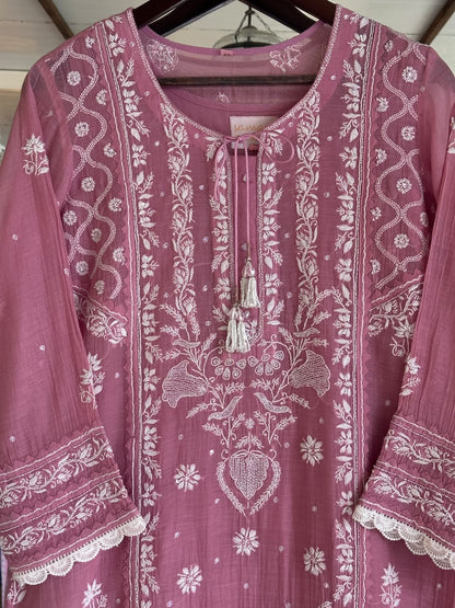 Pink Mul Chanderi Chikankari Straight Kurta Set with Ari Pearl & Sequin Work