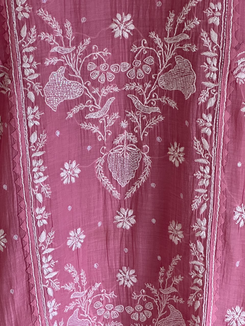 Pink Mul Chanderi Chikankari Straight Kurta Set with Ari Pearl & Sequin Work