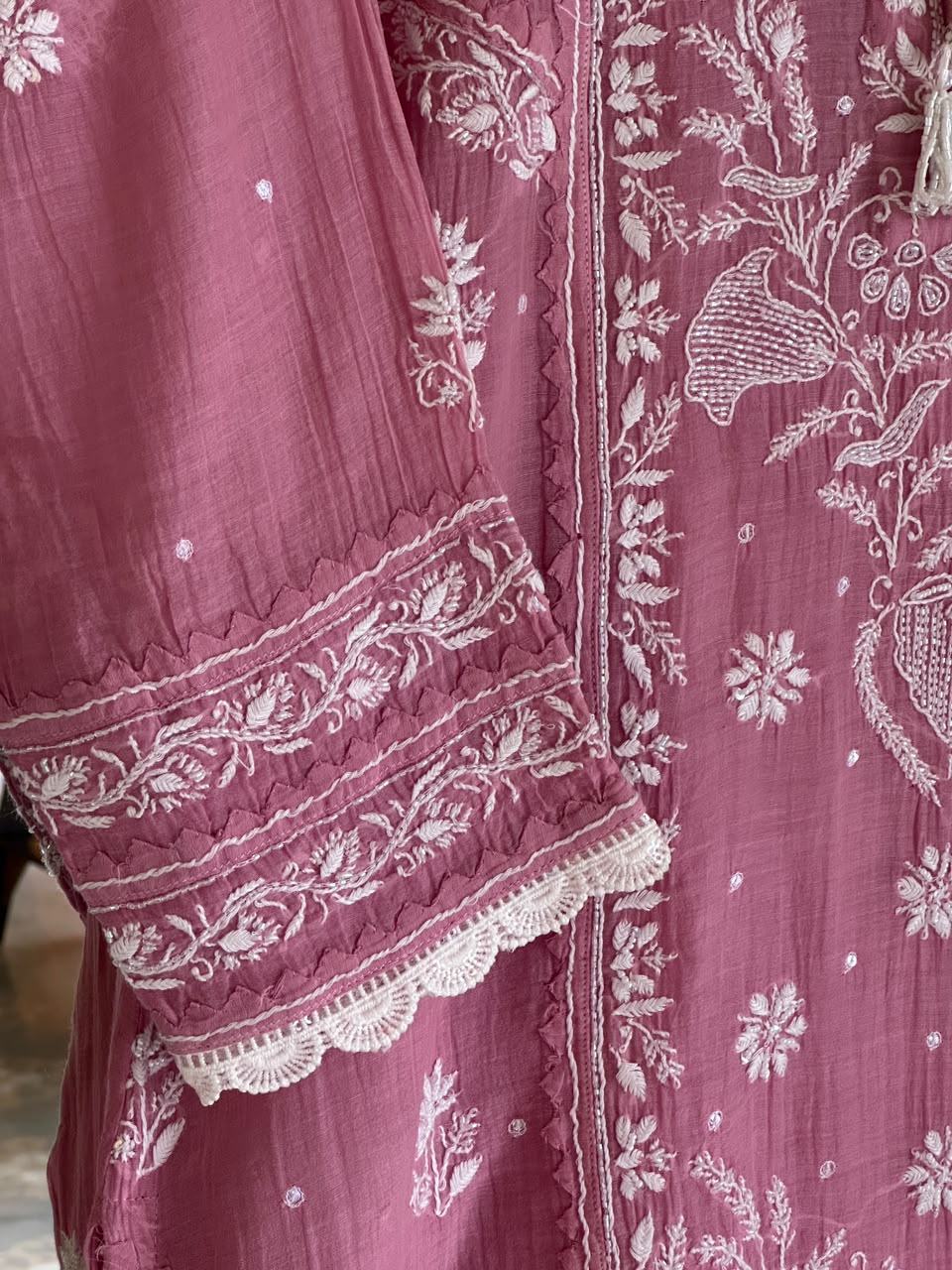 Pink Mul Chanderi Chikankari Straight Kurta Set with Ari Pearl & Sequin Work