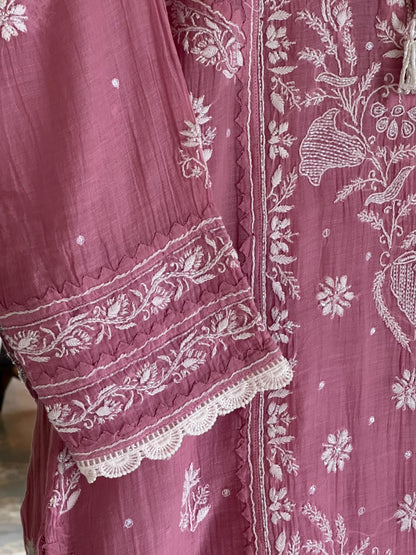 Pink Mul Chanderi Chikankari Straight Kurta Set with Ari Pearl & Sequin Work