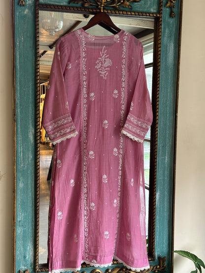 Pink Mul Chanderi Chikankari Straight Kurta Set with Ari Pearl & Sequin Work
