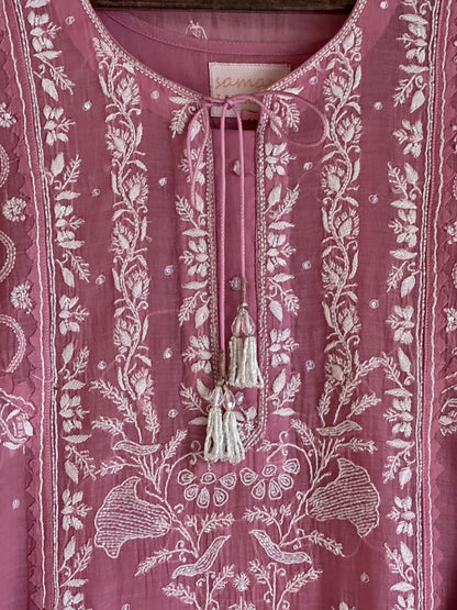 Pink Mul Chanderi Chikankari Straight Kurta Set with Ari Pearl & Sequin Work