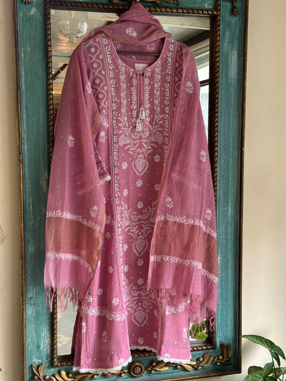 Pink Mul Chanderi Chikankari Straight Kurta Set with Ari Pearl & Sequin Work