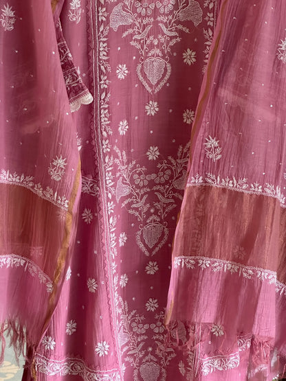 Pink Mul Chanderi Chikankari Straight Kurta Set with Ari Pearl & Sequin Work