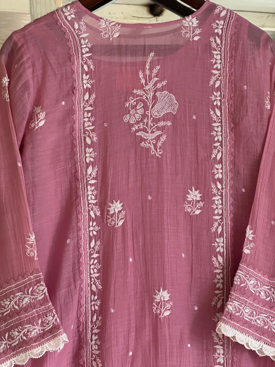 Pink Mul Chanderi Chikankari Straight Kurta Set with Ari Pearl & Sequin Work