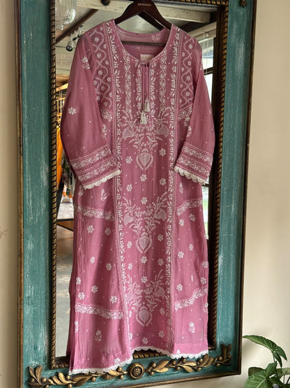 Pink Mul Chanderi Chikankari Straight Kurta Set with Ari Pearl & Sequin Work