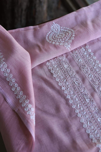 Pink Mulmul Chikankari Unstitched Men's Kurtas Fabrics