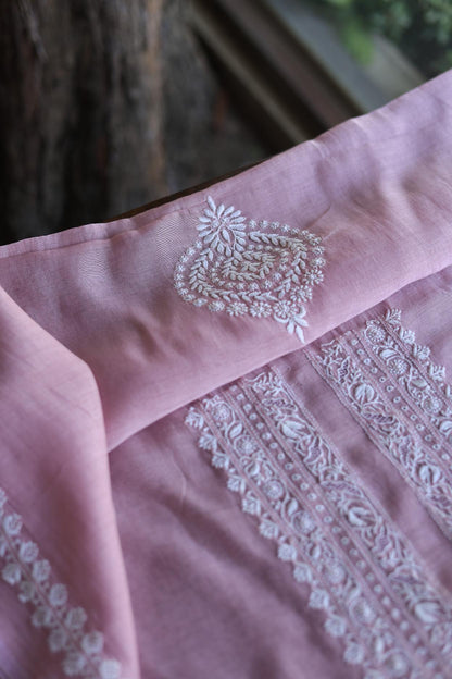 Pink Mulmul Chikankari Unstitched Men's Kurtas Fabrics