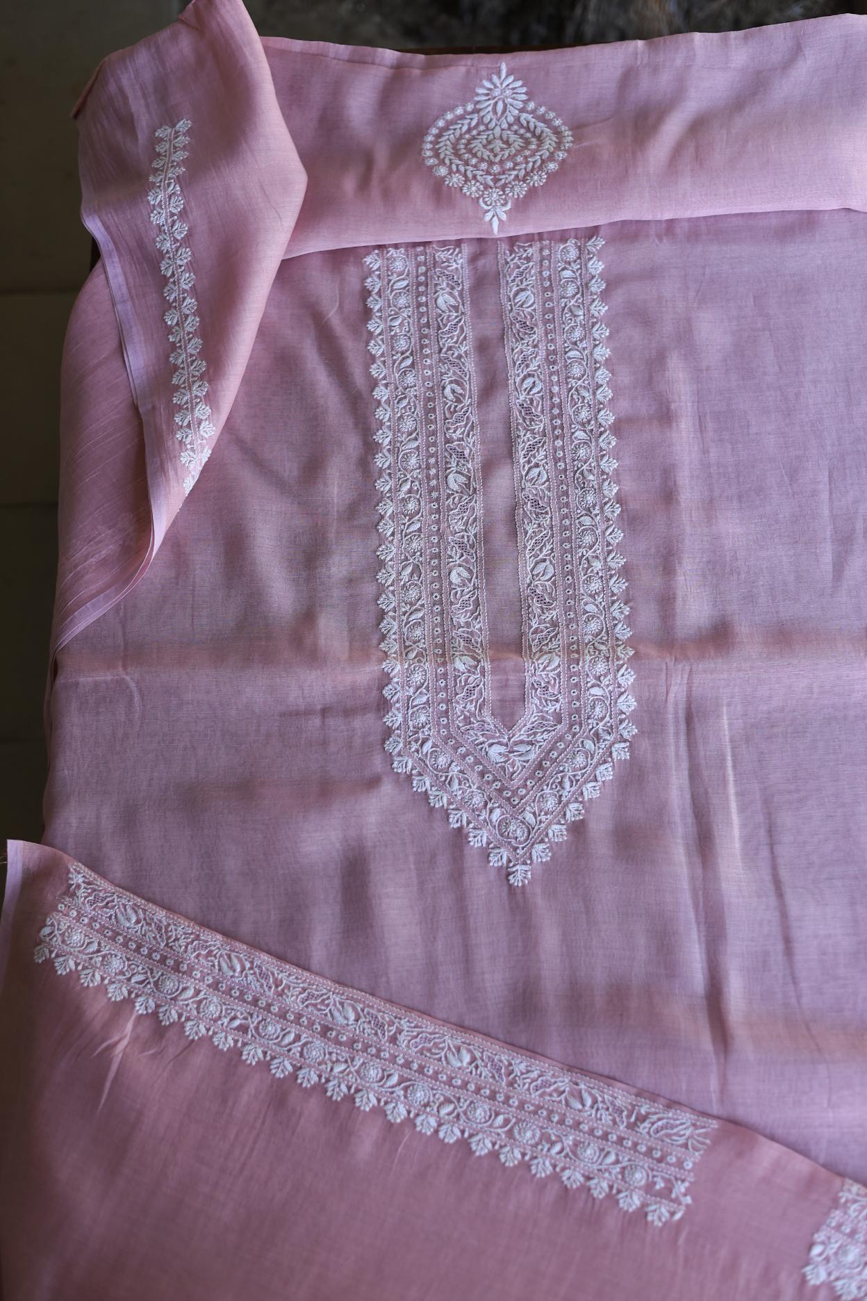 Pink Mulmul Chikankari Unstitched Men's Kurtas Fabrics