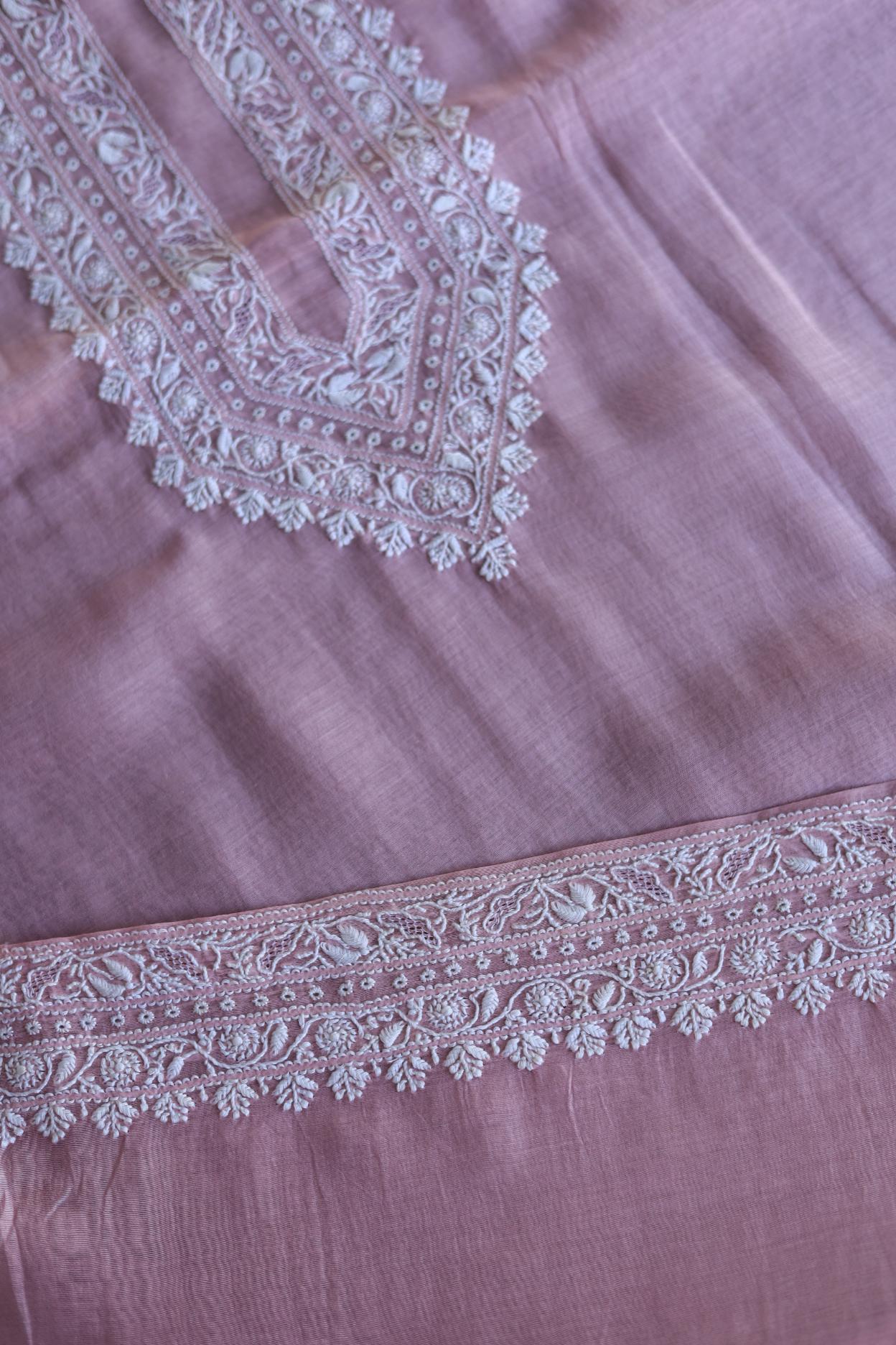 Pink Mulmul Chikankari Unstitched Men's Kurtas Fabrics