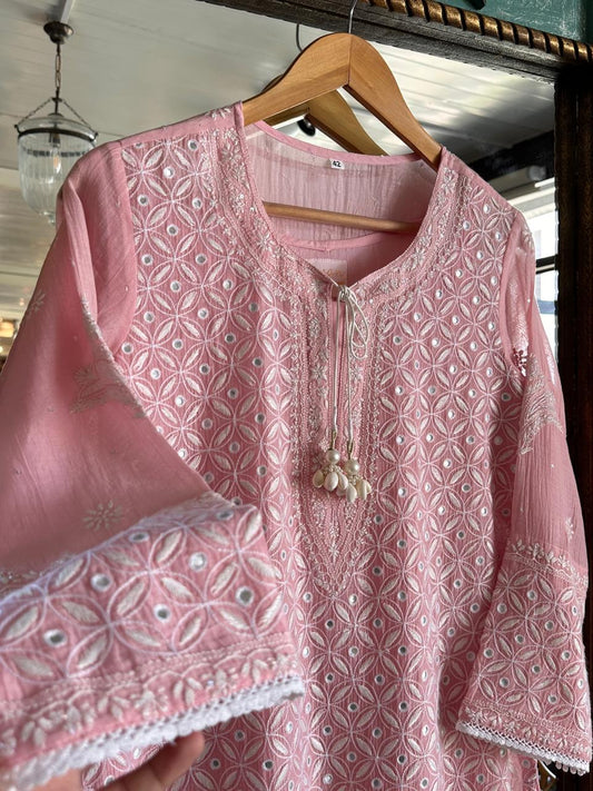 Pink Mulmul Pearl White Chikankari Ready to Wear Kurta Set