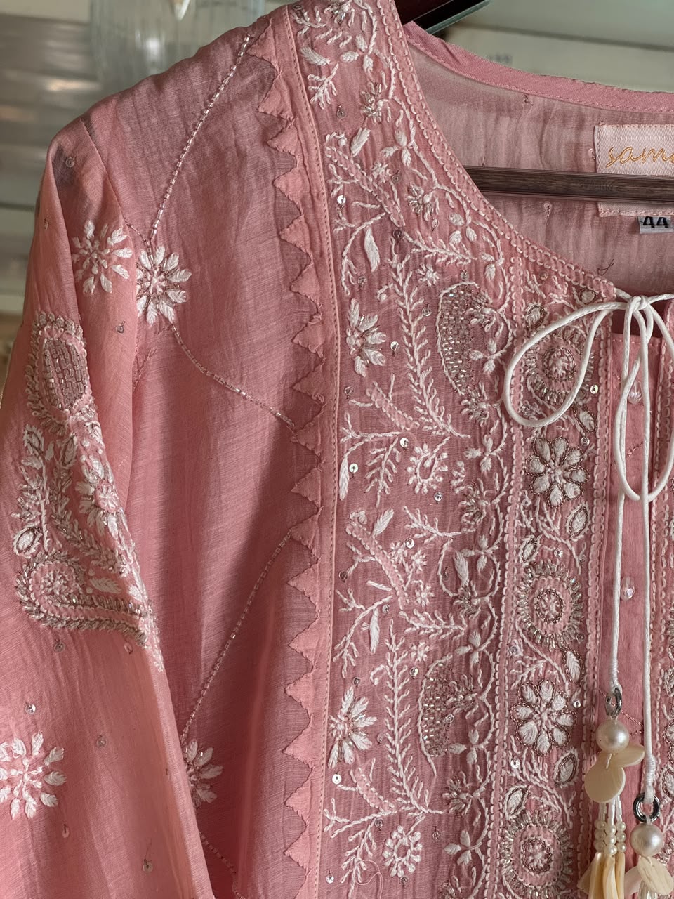 Pink Malmal Pearl White Chikankari Ready to Wear Kurta Set