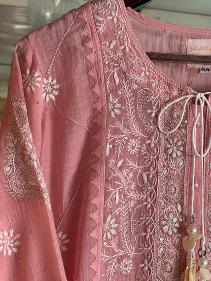 Pink Malmal Pearl White Chikankari Ready to Wear Kurta Set