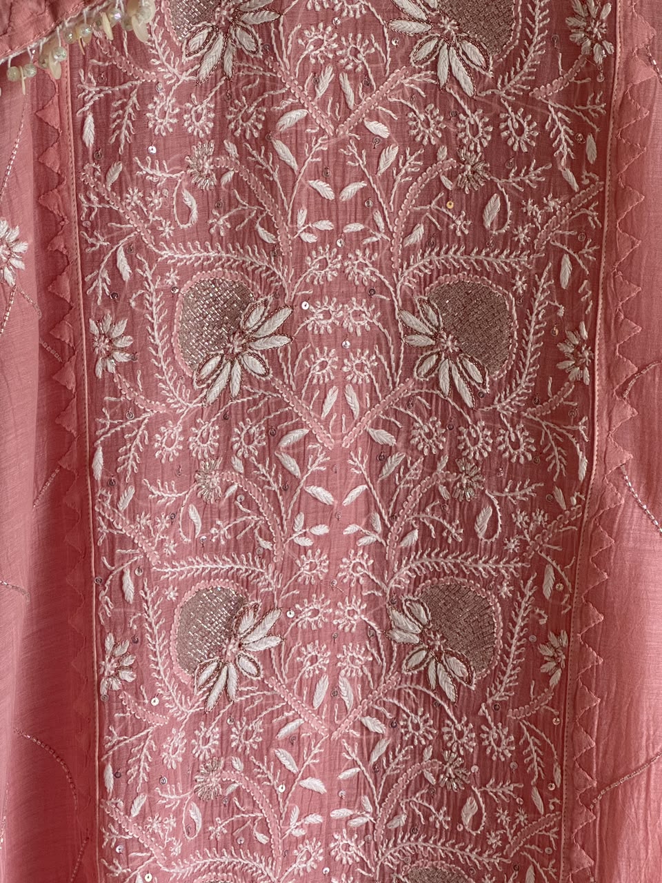 Pink Malmal Pearl White Chikankari Ready to Wear Kurta Set