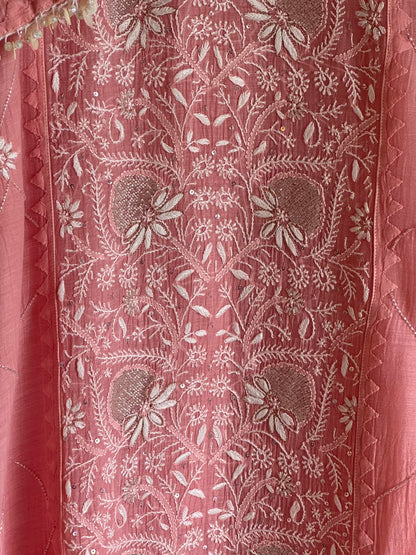 Pink Malmal Pearl White Chikankari Ready to Wear Kurta Set