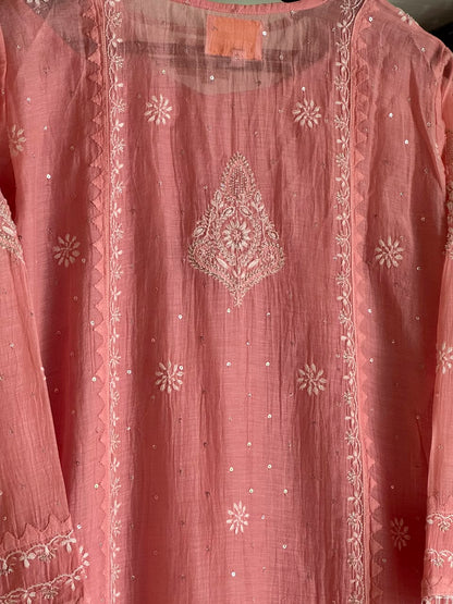 Pink Malmal Pearl White Chikankari Ready to Wear Kurta Set