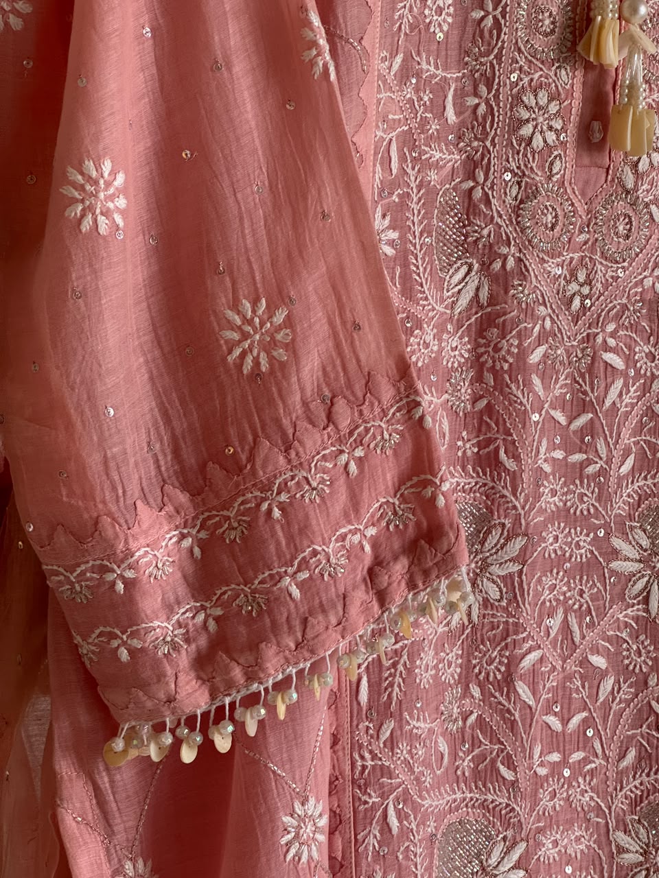 Pink Malmal Pearl White Chikankari Ready to Wear Kurta Set