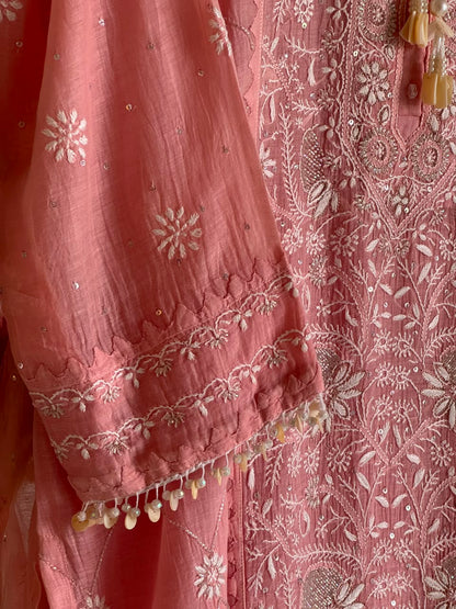 Pink Malmal Pearl White Chikankari Ready to Wear Kurta Set