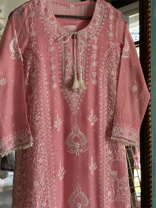 Pink Mulmul Pearl White Chikankari Ready to Wear Kurta Set