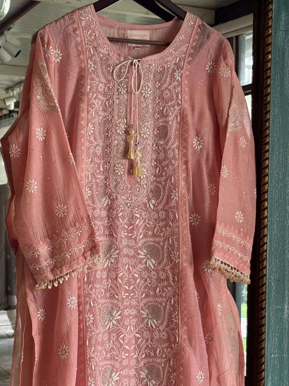 Pink Malmal Pearl White Chikankari Ready to Wear Kurta Set