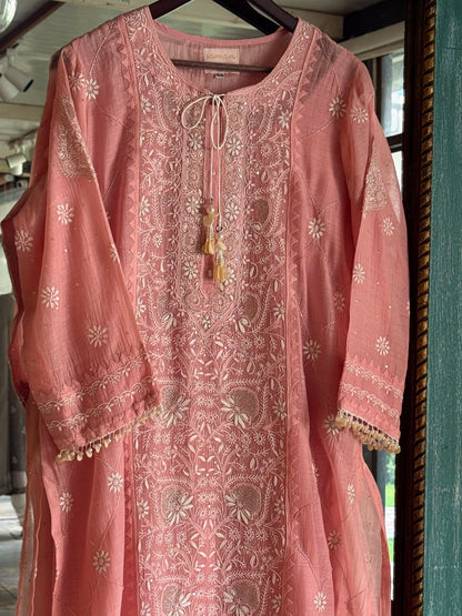 Pink Malmal Pearl White Chikankari Ready to Wear Kurta Set
